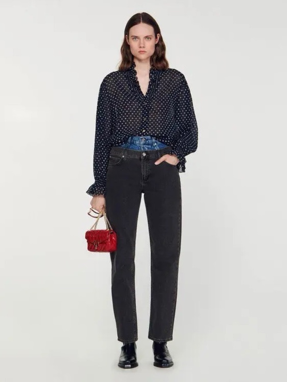 Sandro Blue Patterned Polka Dot Smocked Ruffle Blouse (US M)